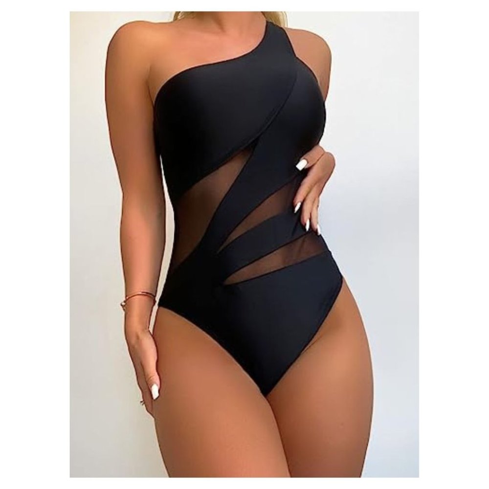 One Piece Plain Contrast Mesh Swimsuit One Shoulder Bodycon Swimwear